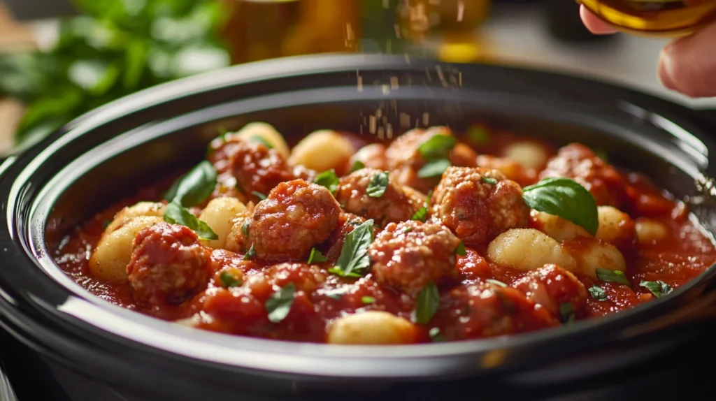 Tuscan chicken meatballs with gnocchi in a slow cooker