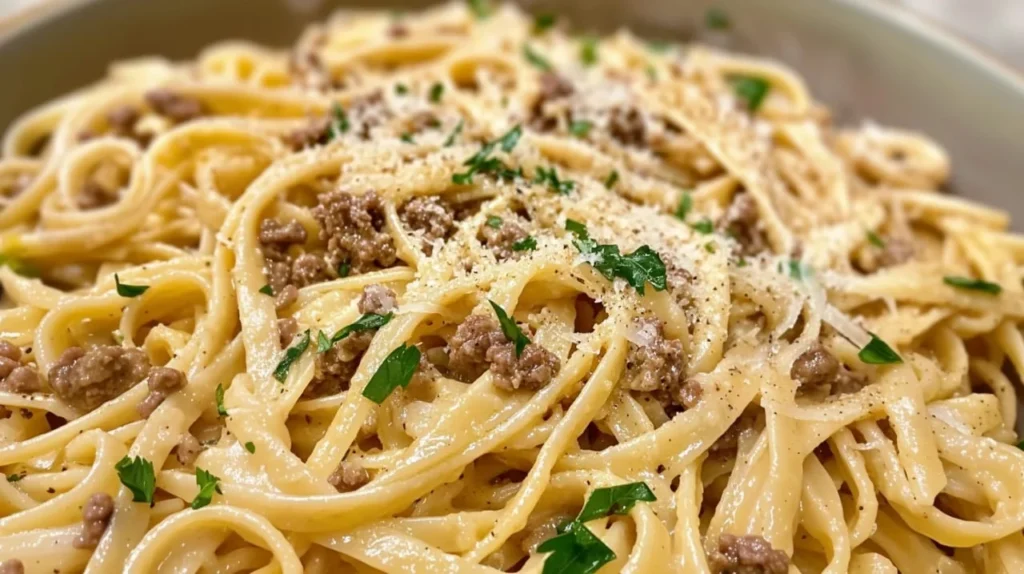 Cheesy Garlic Butter Linguine Pasta with Savory Ground Beef