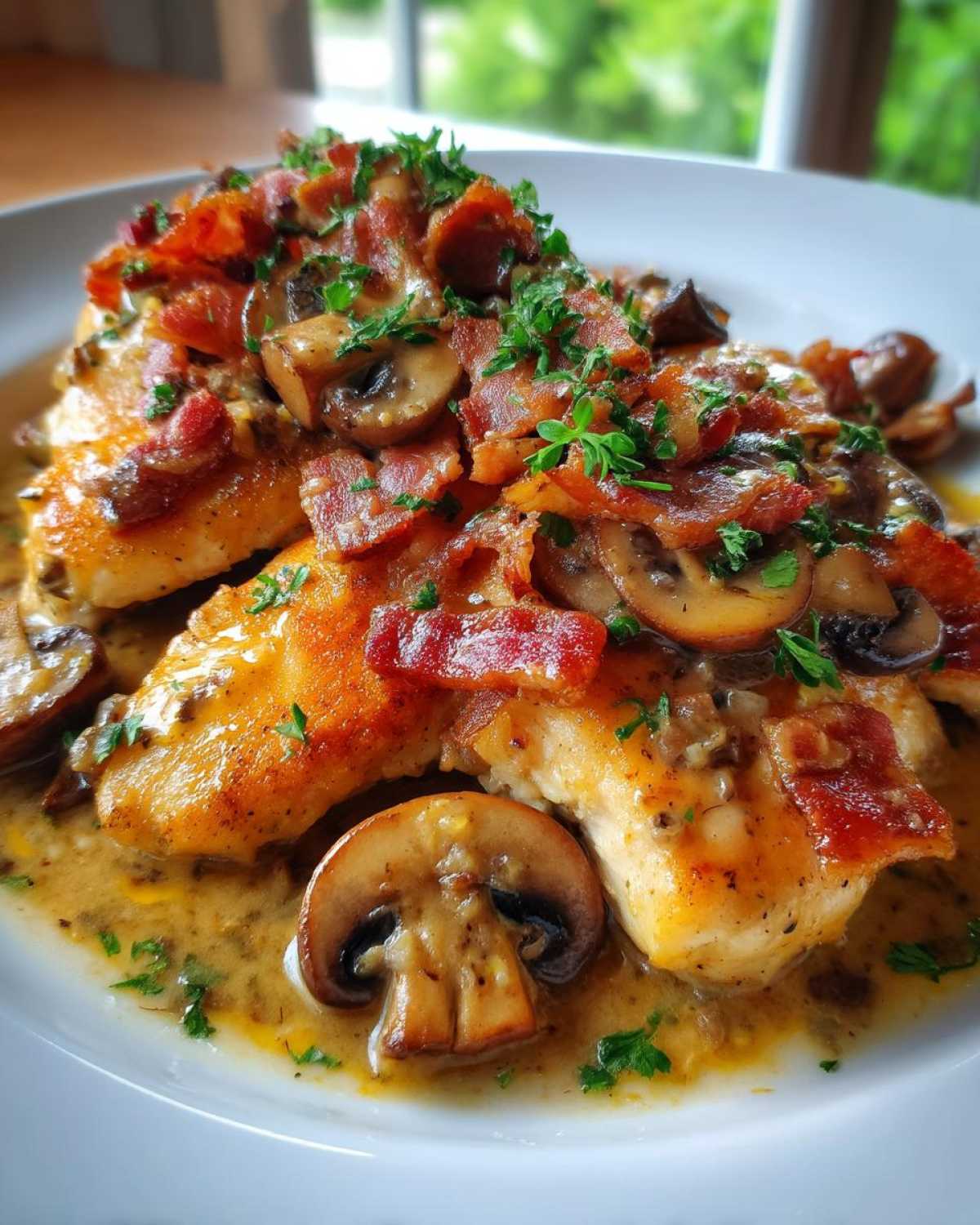 Chicken Slices with Mustard Bacon and Mushrooms
