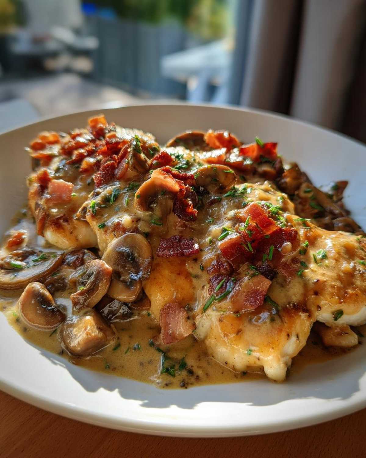 Chicken Slices with Mustard Bacon and Mushrooms