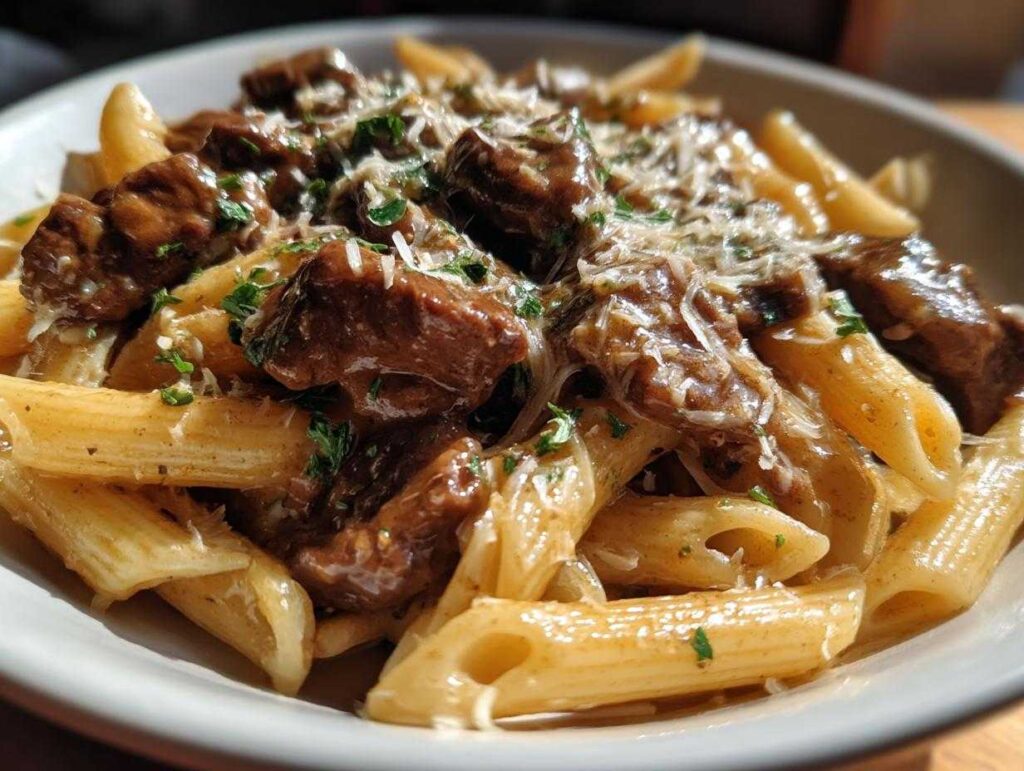 Slow Cooker Creamy Garlic Beef Pasta