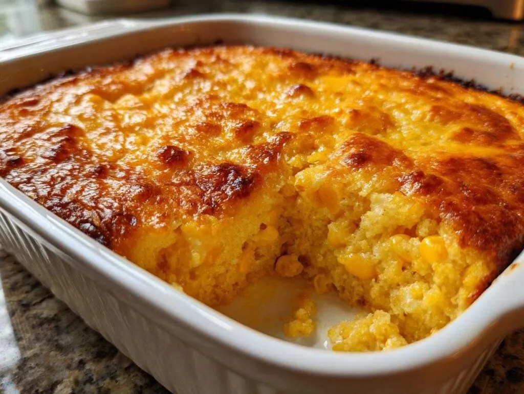 A close-up shot of a golden brown 5-ingredient corn casserole in a white baking dish, with a scoop removed.