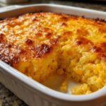 A close-up shot of a golden brown 5-ingredient corn casserole in a white baking dish, with a scoop removed.