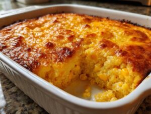 A close-up shot of a golden brown 5-ingredient corn casserole in a white baking dish, with a scoop removed.