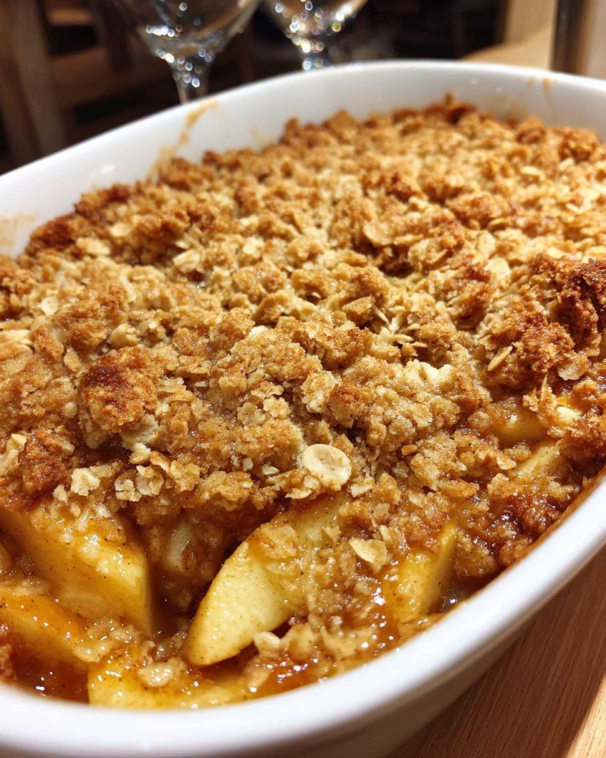 Close-up view of a freshly baked apple crumble in a white dish, showing the golden brown topping and soft apple filling.