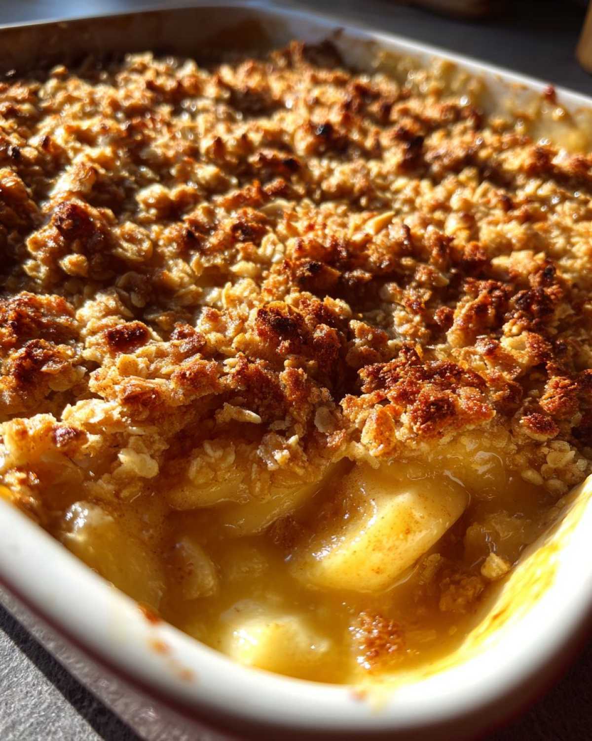 Close-up view of a baked apple crumble with a golden, crispy oat topping and bubbling apple filling.