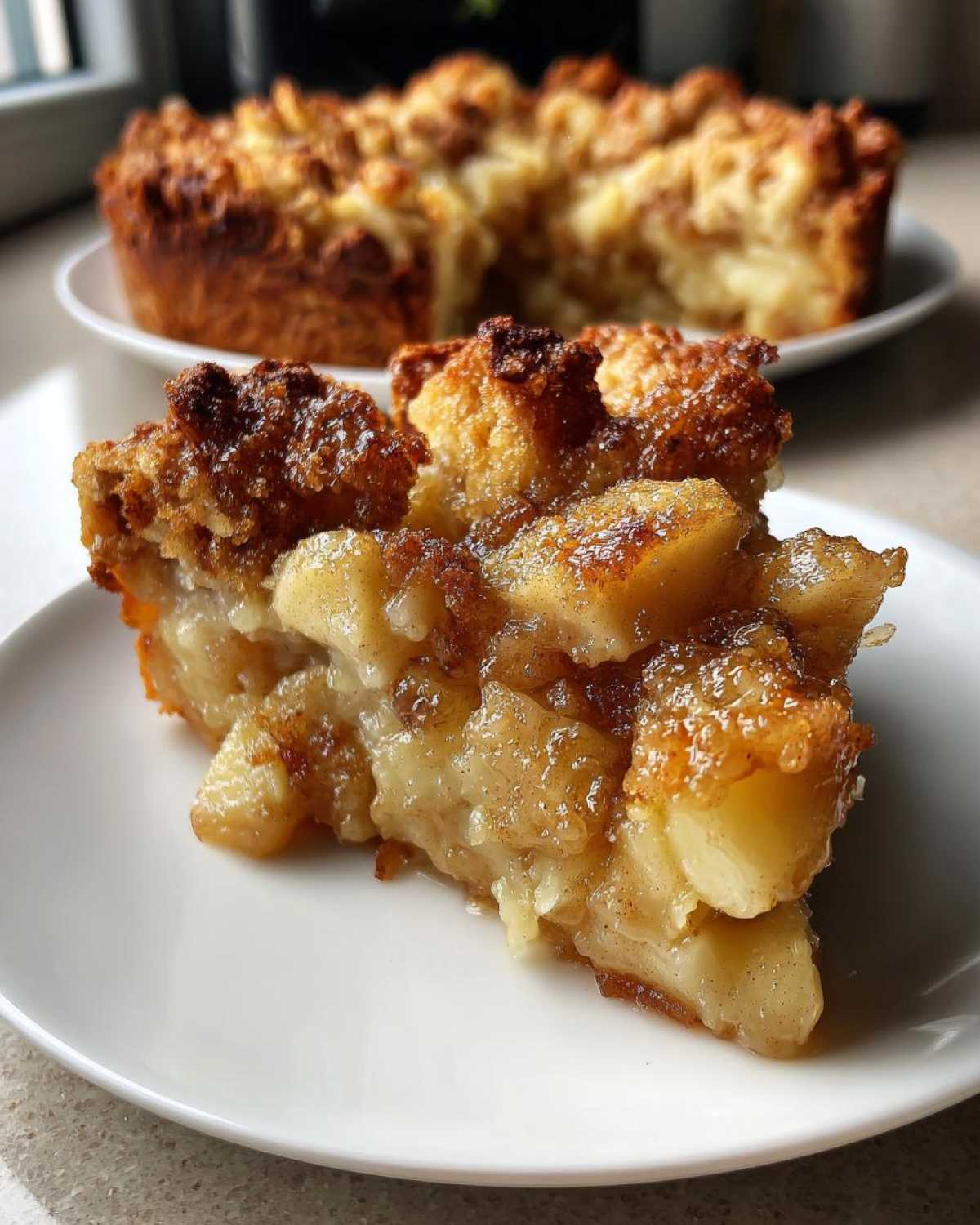 Close-up of a slice of apple pie dump cake on a white plate, showing the apple filling and crumb topping.