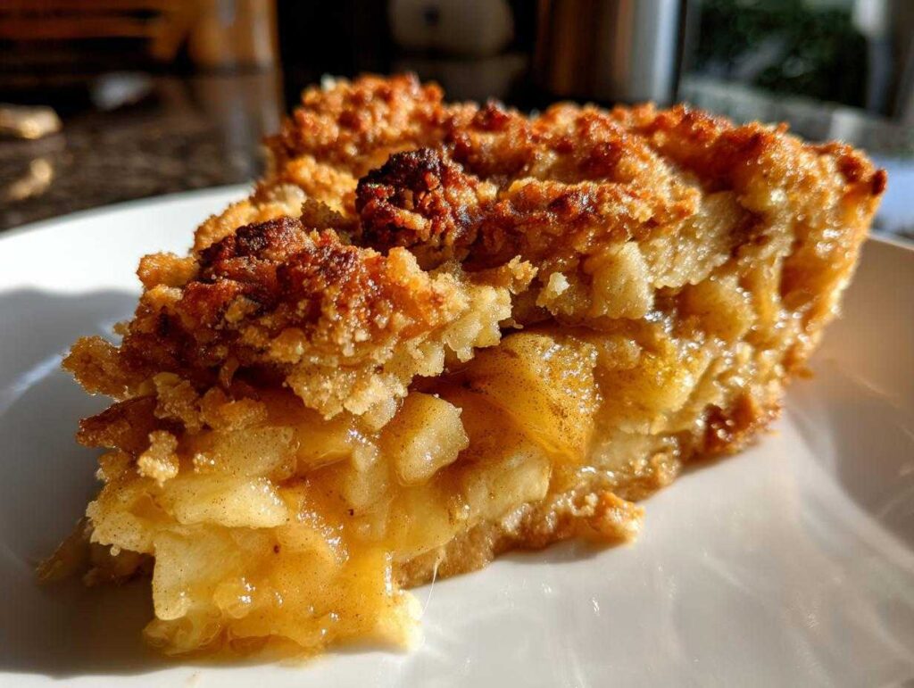 Close-up view of a slice of apple pie dump cake on a white plate, showing the apple filling and crumb topping.