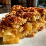 Close-up view of a slice of apple pie dump cake on a white plate, showing the apple filling and crumb topping.