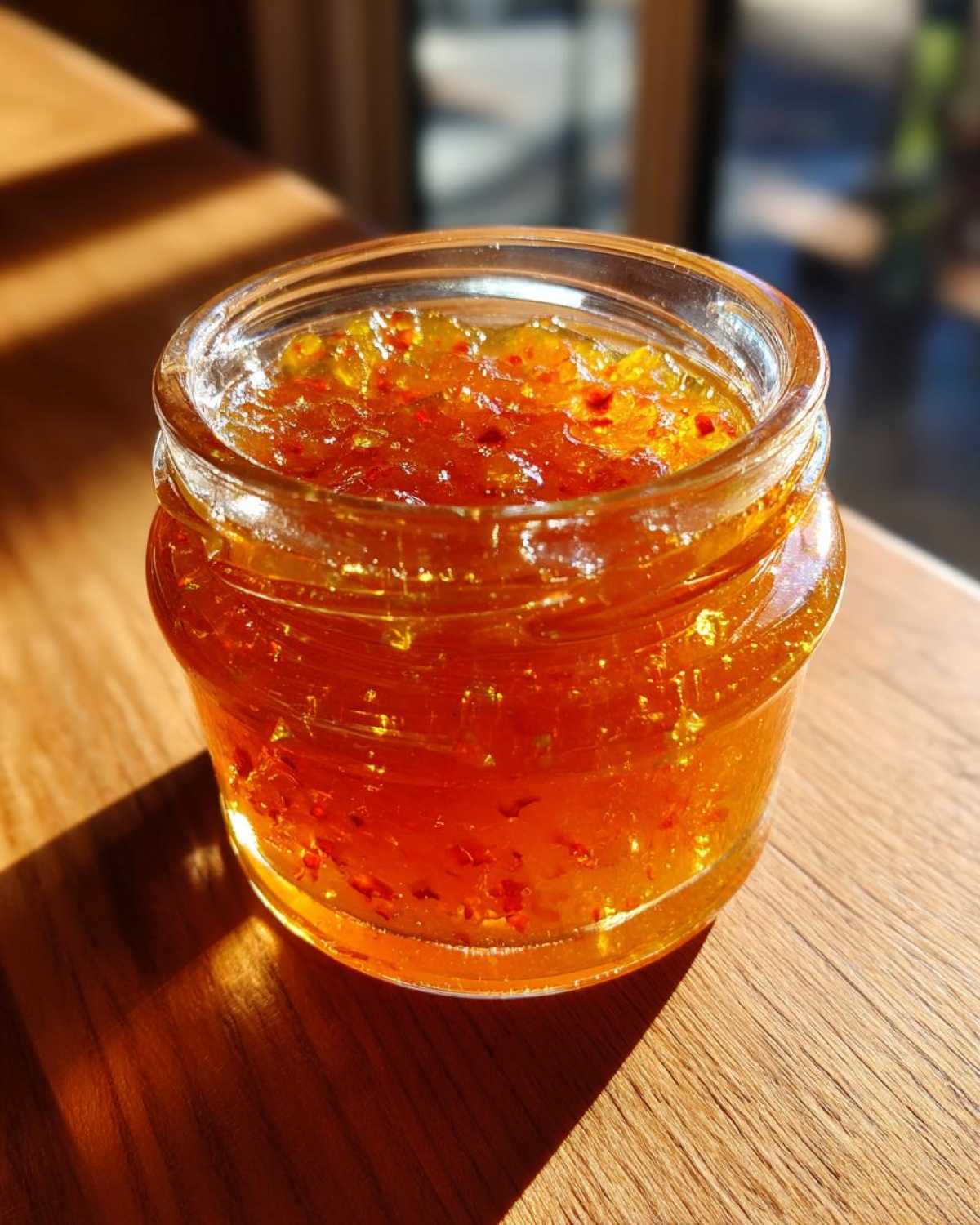 Close-up shot of a glass jar filled with bright orange apricot jam on a wooden surface.
