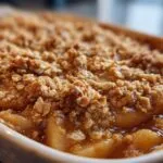 Close-up of baked apple crumble in a white dish, showing the golden brown oat and flour topping over soft cooked apples.