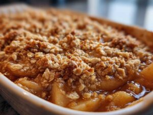Close-up of baked apple crumble in a white dish, showing the golden brown oat and flour topping over soft cooked apples.