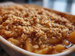 Close-up of baked apple crumble in a white dish, showing the golden brown oat and flour topping over soft cooked apples.