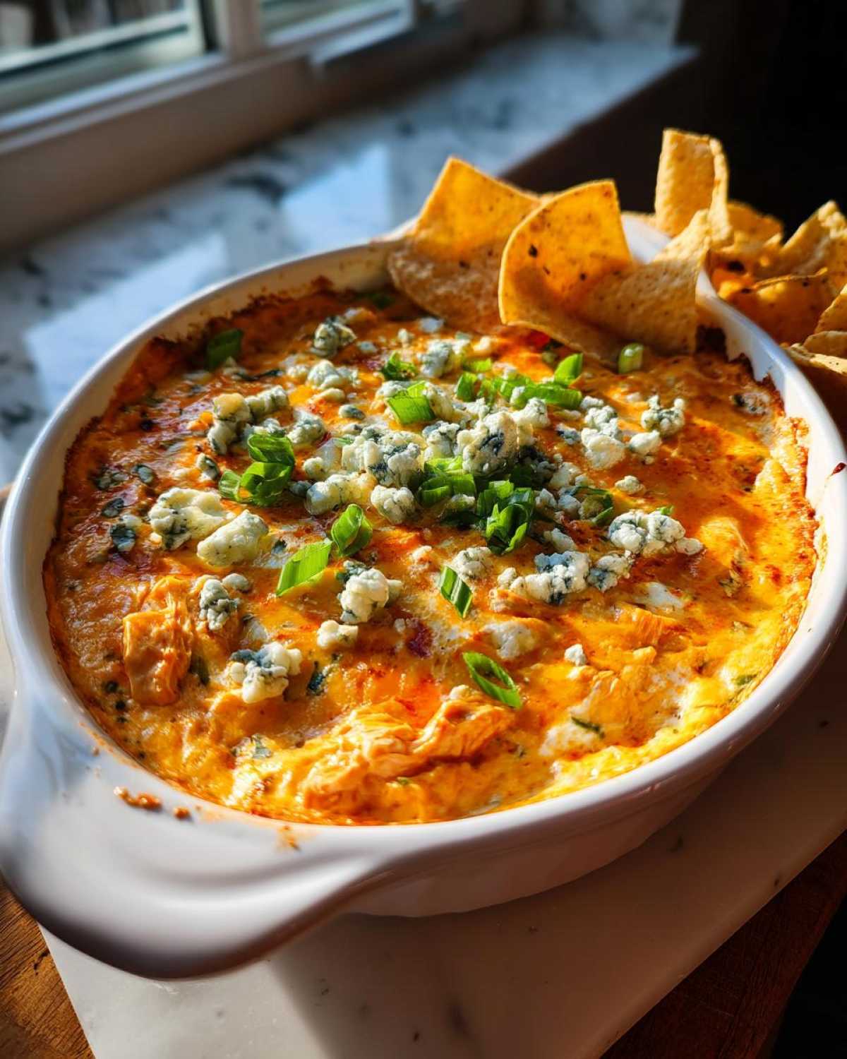 A bubbling white dish filled with hot buffalo chicken dip, topped with crumbled blue cheese and chopped green onions. Tortilla chips are visible around the edge.