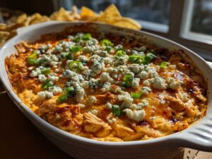 Close-up of a baked buffalo chicken dip in a white oval dish, topped with crumbled blue cheese and chopped green onions.