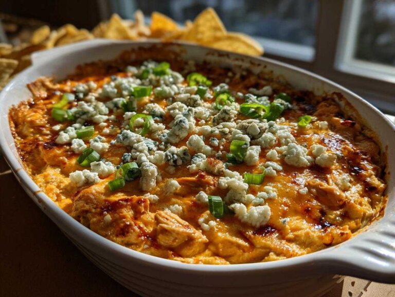 Close-up of a baked buffalo chicken dip in a white oval dish, topped with crumbled blue cheese and chopped green onions.