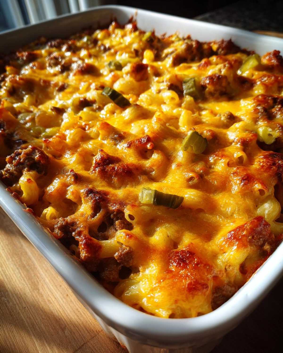 Close-up of a baked cheeseburger casserole in a white dish, showing melted golden cheese, ground meat, pasta, and pickle pieces.