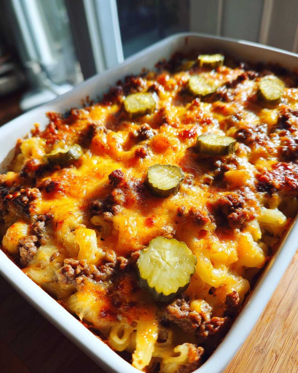 A close-up view of a baked cheeseburger casserole in a white dish, topped with melted cheese, ground beef, and pickle slices.