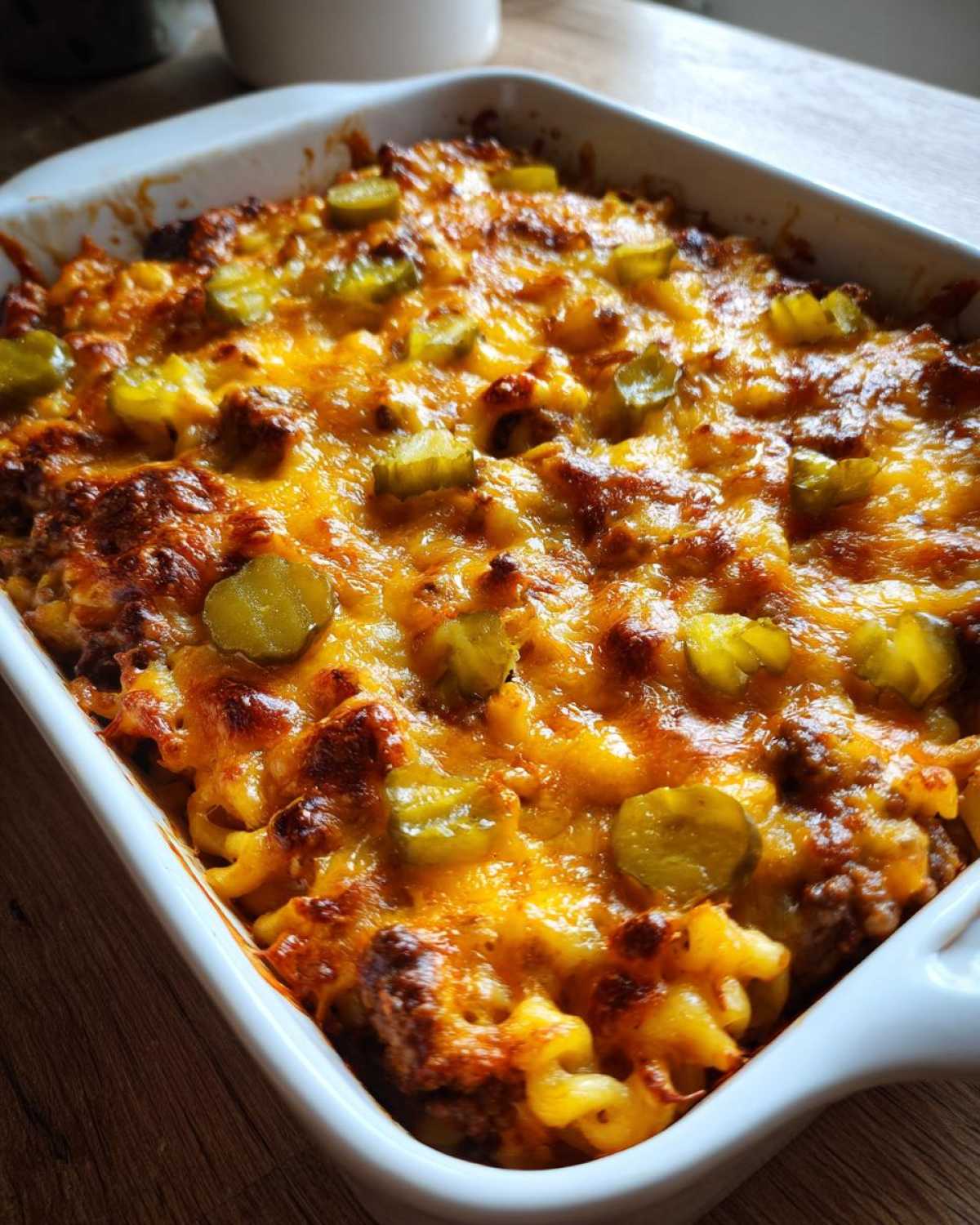 Close-up of a golden-brown cheeseburger casserole in a white baking dish, topped with melted cheese and sliced pickles.