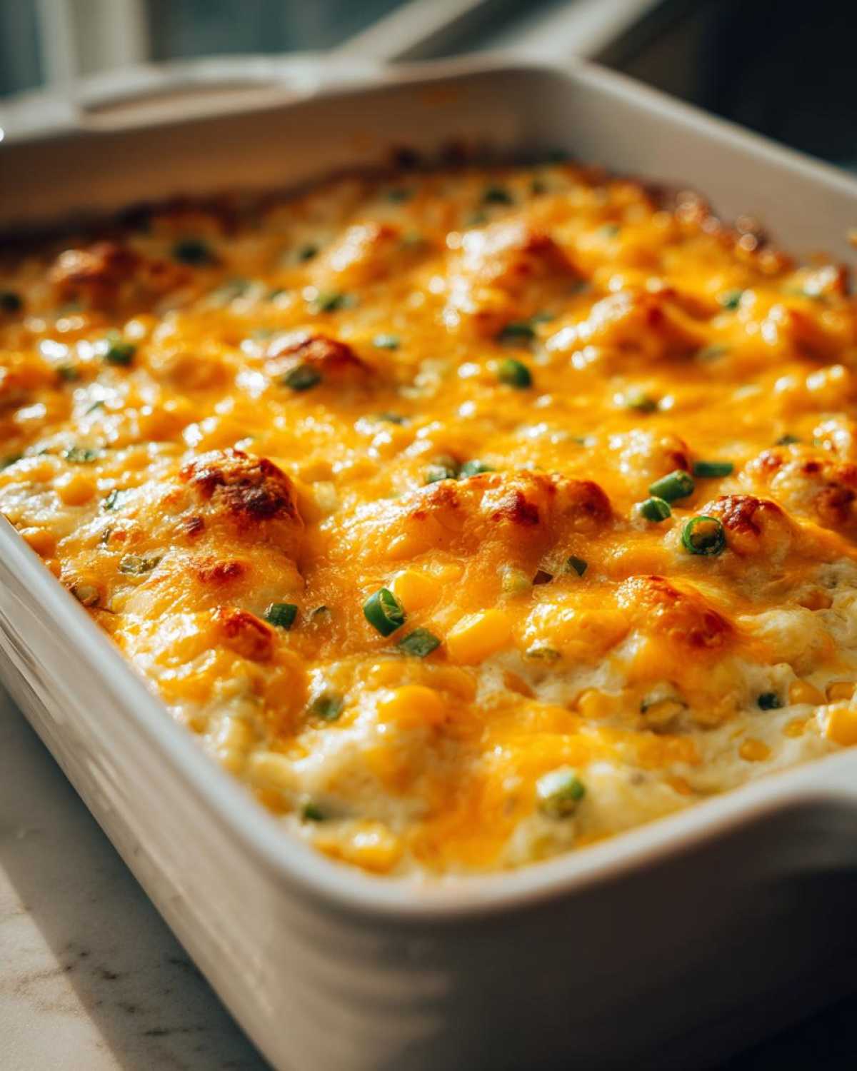 Close-up of a bubbly, golden-brown corn dip with cream cheese, topped with melted cheese and green onions, in a white baking dish.