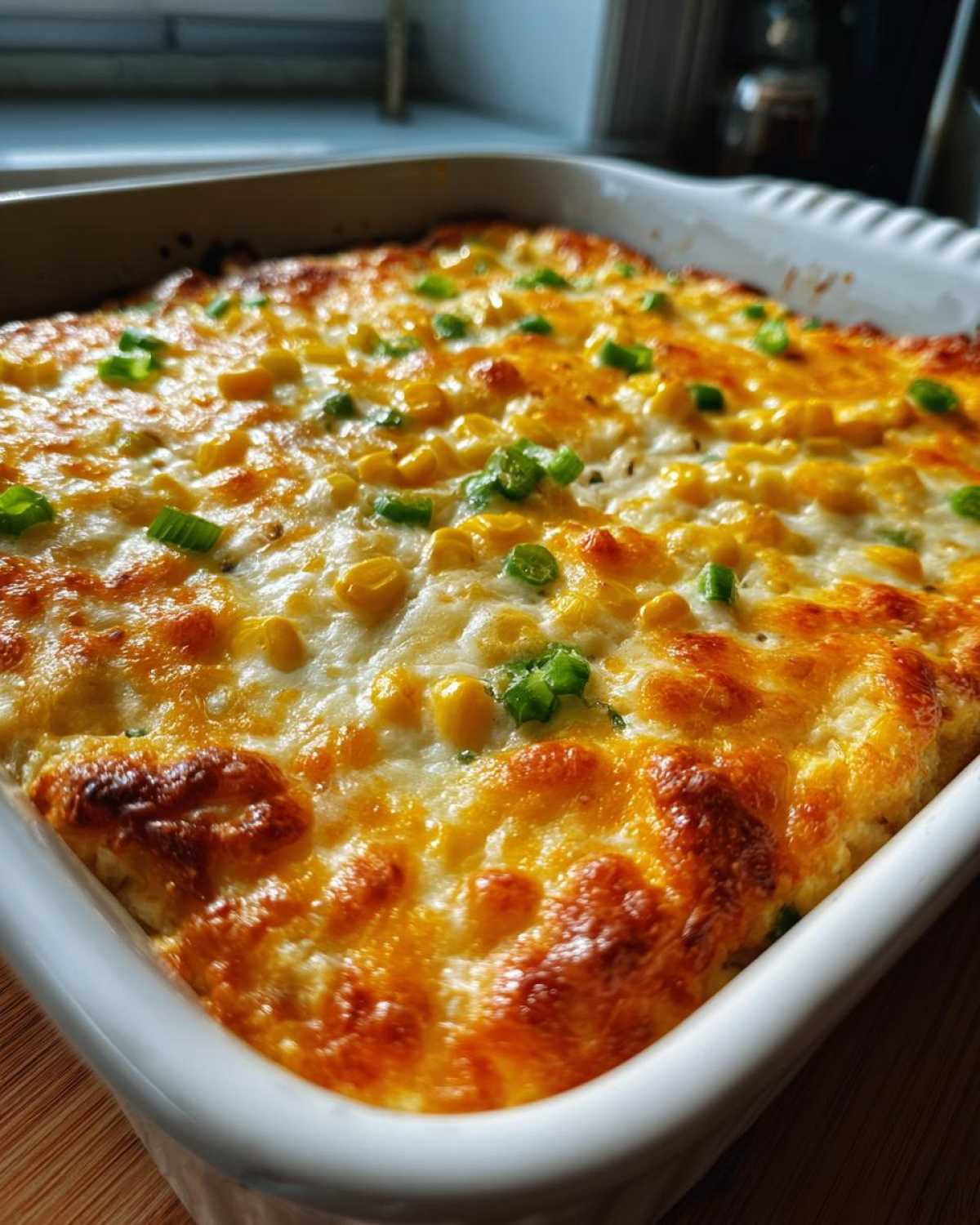 Close-up of a golden-brown baked corn dip with cream cheese, topped with melted cheese and chopped green onions in a white baking dish.