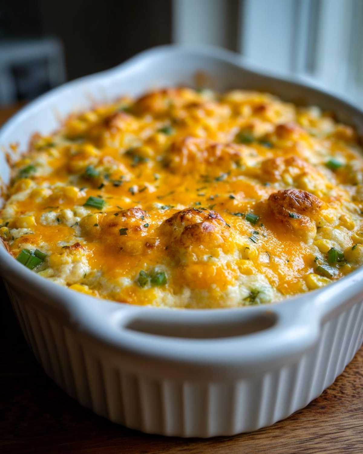 A close-up of a baked corn dip with cream cheese in a white rectangular casserole dish, topped with melted golden cheese and green onions.