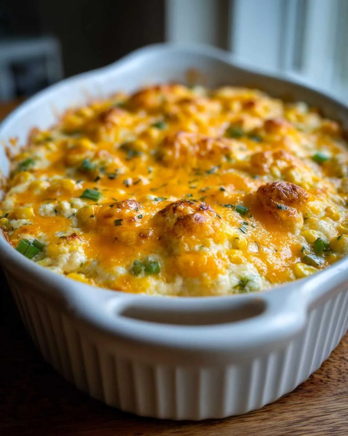 A close-up of a baked corn dip with cream cheese in a white rectangular casserole dish, topped with melted golden cheese and green onions.