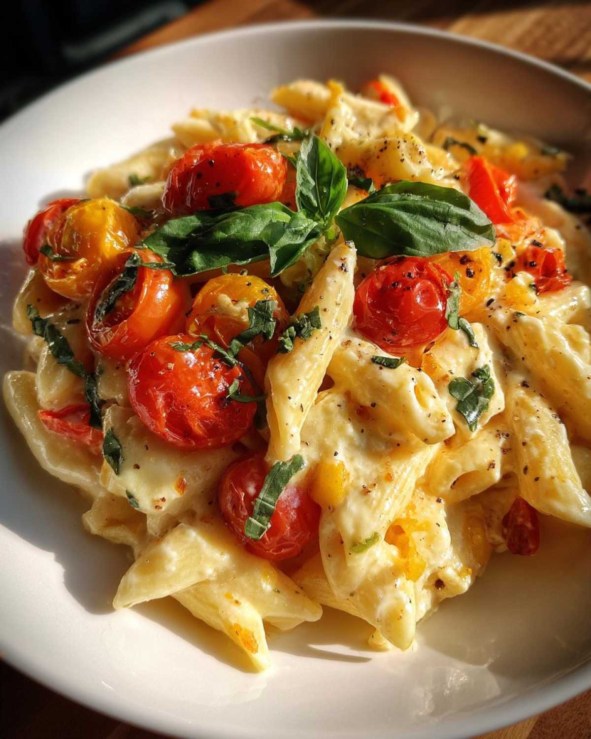 Close-up of baked feta pasta with cherry tomatoes, penne pasta, and basil in a white bowl.
