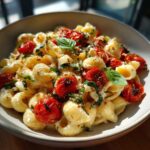 Close-up of a bowl of baked feta pasta with roasted cherry tomatoes and fresh basil.