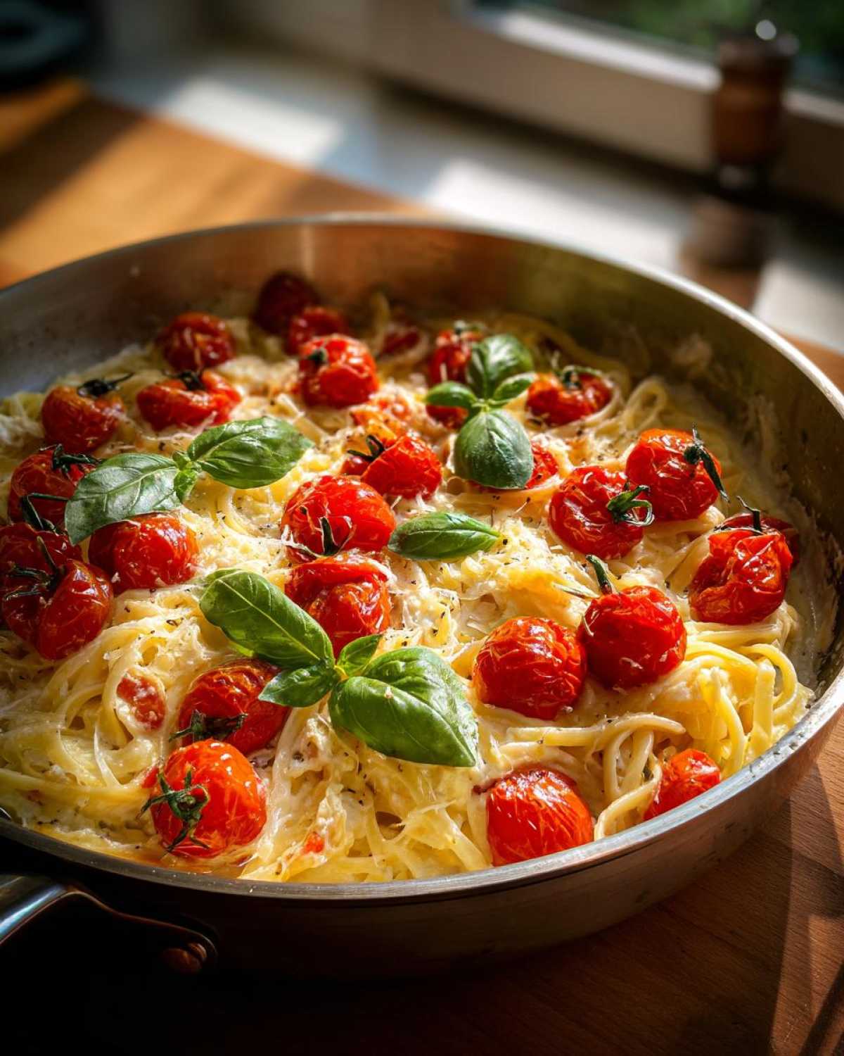 A close-up shot of baked feta pasta in a large pan, featuring roasted cherry tomatoes, creamy pasta, and fresh basil leaves.