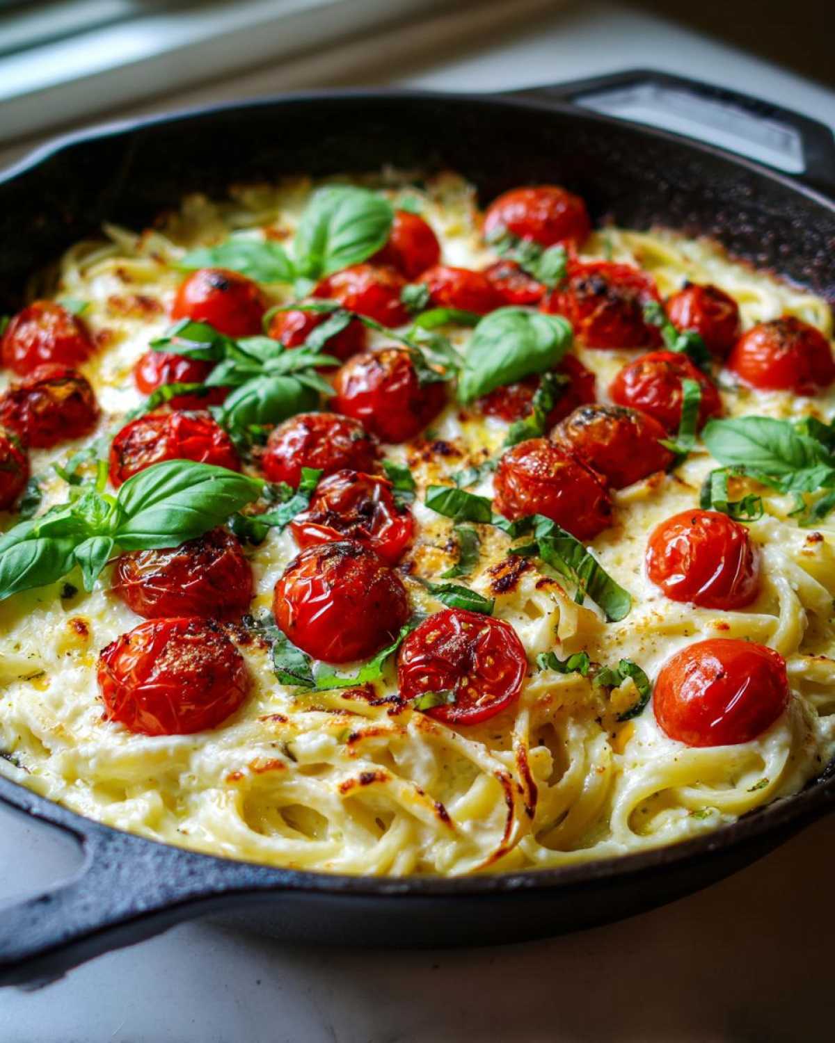 A close-up of baked feta pasta in a black skillet, topped with roasted cherry tomatoes and fresh basil leaves.