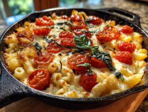Close-up of baked feta pasta in a cast iron skillet with roasted cherry tomatoes and fresh basil.