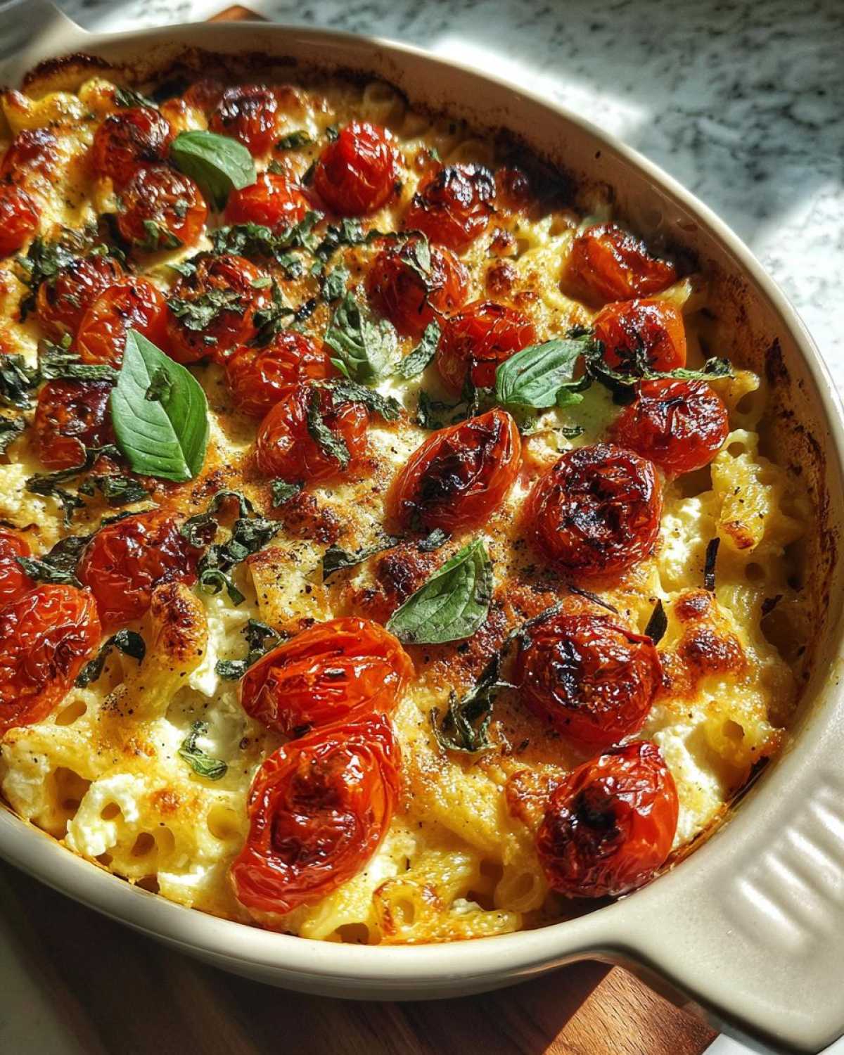 Close-up of a baking dish filled with golden brown baked feta pasta, roasted cherry tomatoes, and fresh basil leaves.