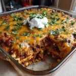 A close-up view of a baked mexican casserole in a glass dish, topped with melted cheese, fresh cilantro, and a dollop of sour cream.