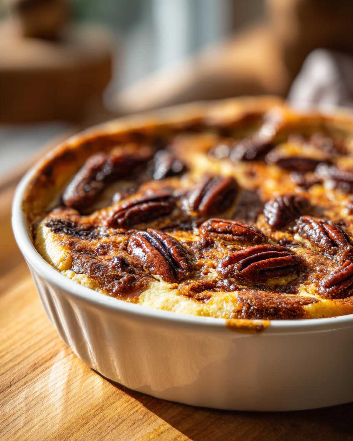Close-up of a golden-brown pecan pie cobbler in a white baking dish, topped with whole pecans and a rich, gooey sauce.