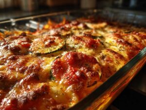 Close-up of a golden-brown, bubbly zucchini parmesan casserole in a glass baking dish, showing melted cheese and tomato sauce.