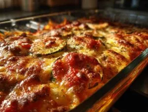 Close-up of a golden-brown, bubbly zucchini parmesan casserole in a glass baking dish, showing melted cheese and tomato sauce.