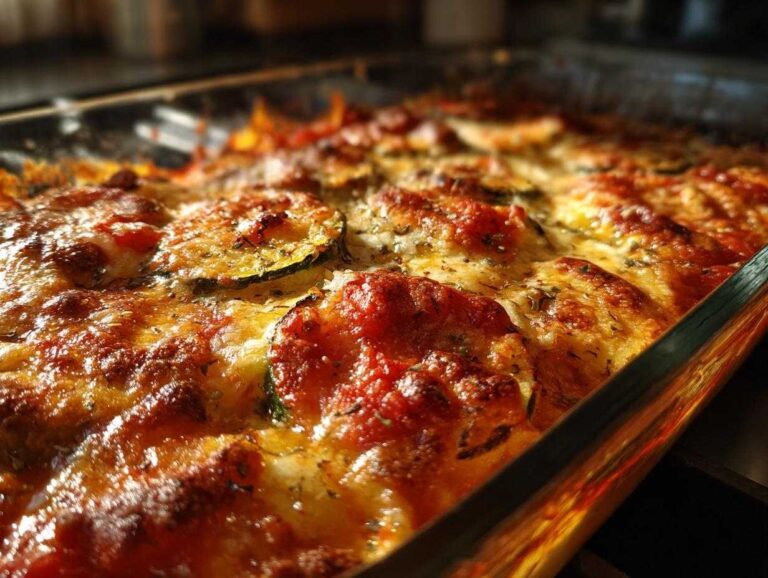 Close-up of a golden-brown, bubbly zucchini parmesan casserole in a glass baking dish, showing melted cheese and tomato sauce.