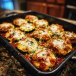 Close-up of baked zucchini parmesan slices in a baking pan, topped with melted cheese, sauce, and herbs.