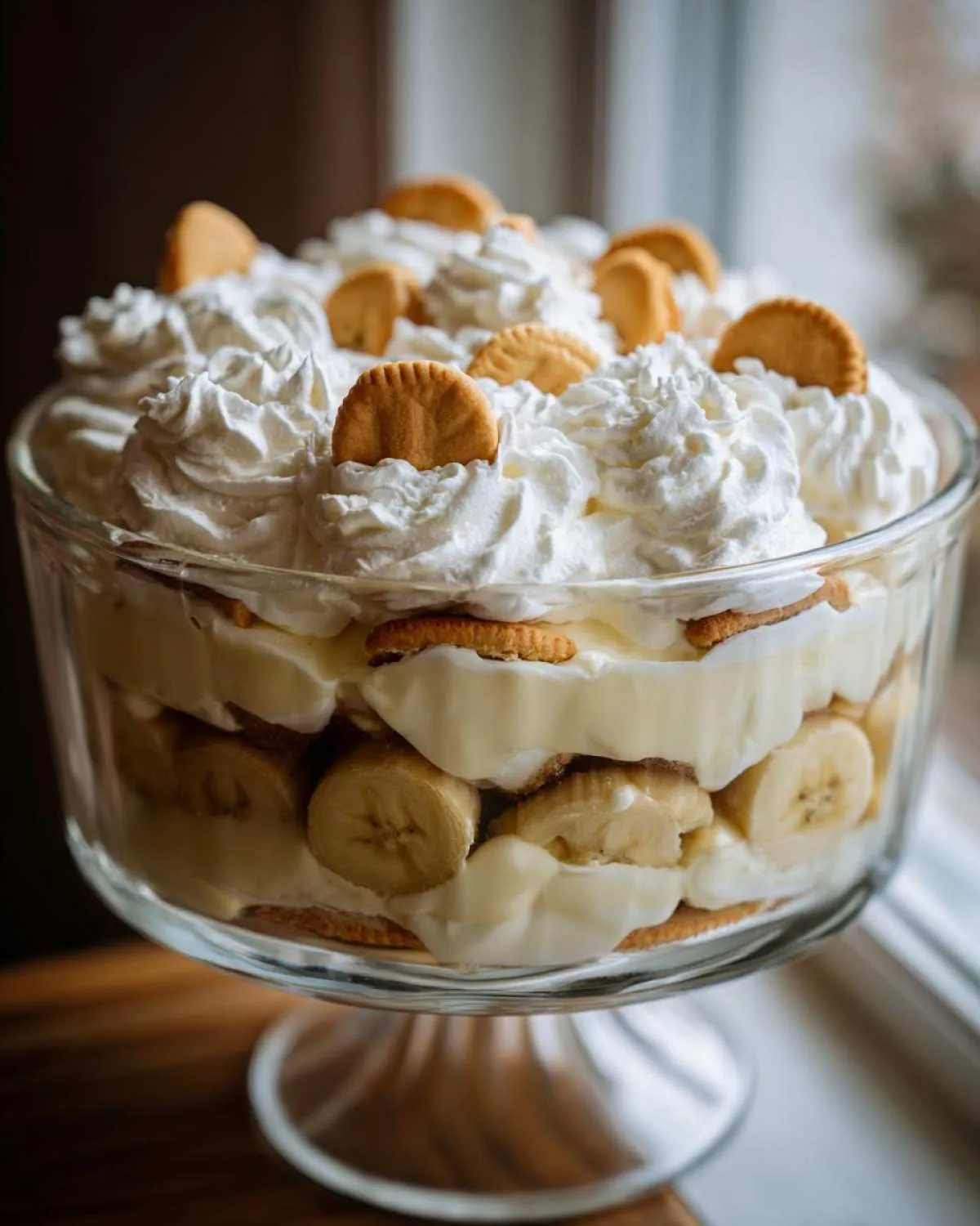 A large glass trifle bowl filled with layers of banana pudding, sliced bananas, vanilla wafers, and topped with whipped cream and more wafers.