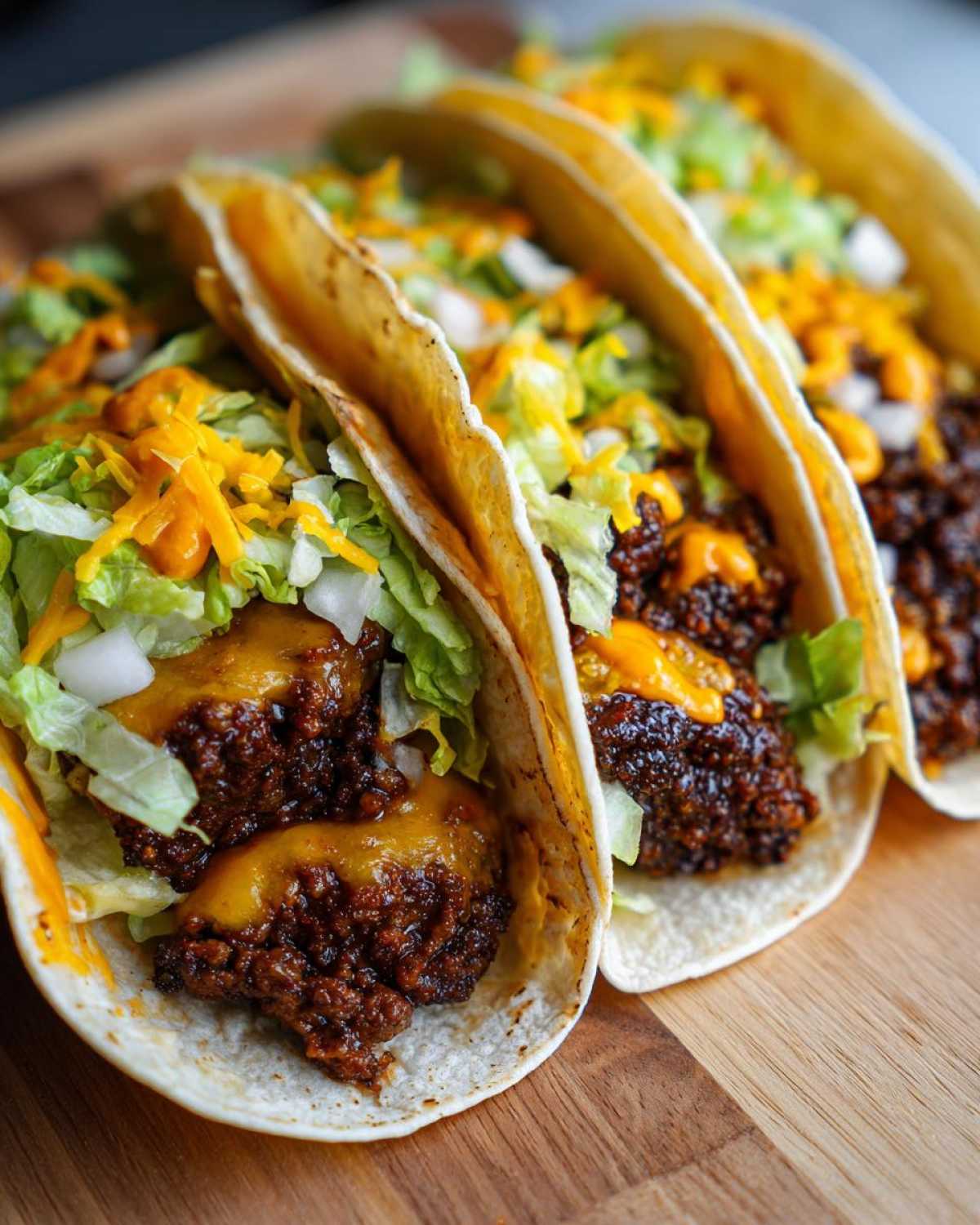Close-up view of three Big Mac tacos filled with meat, cheese, lettuce, and sauce on a wooden board.