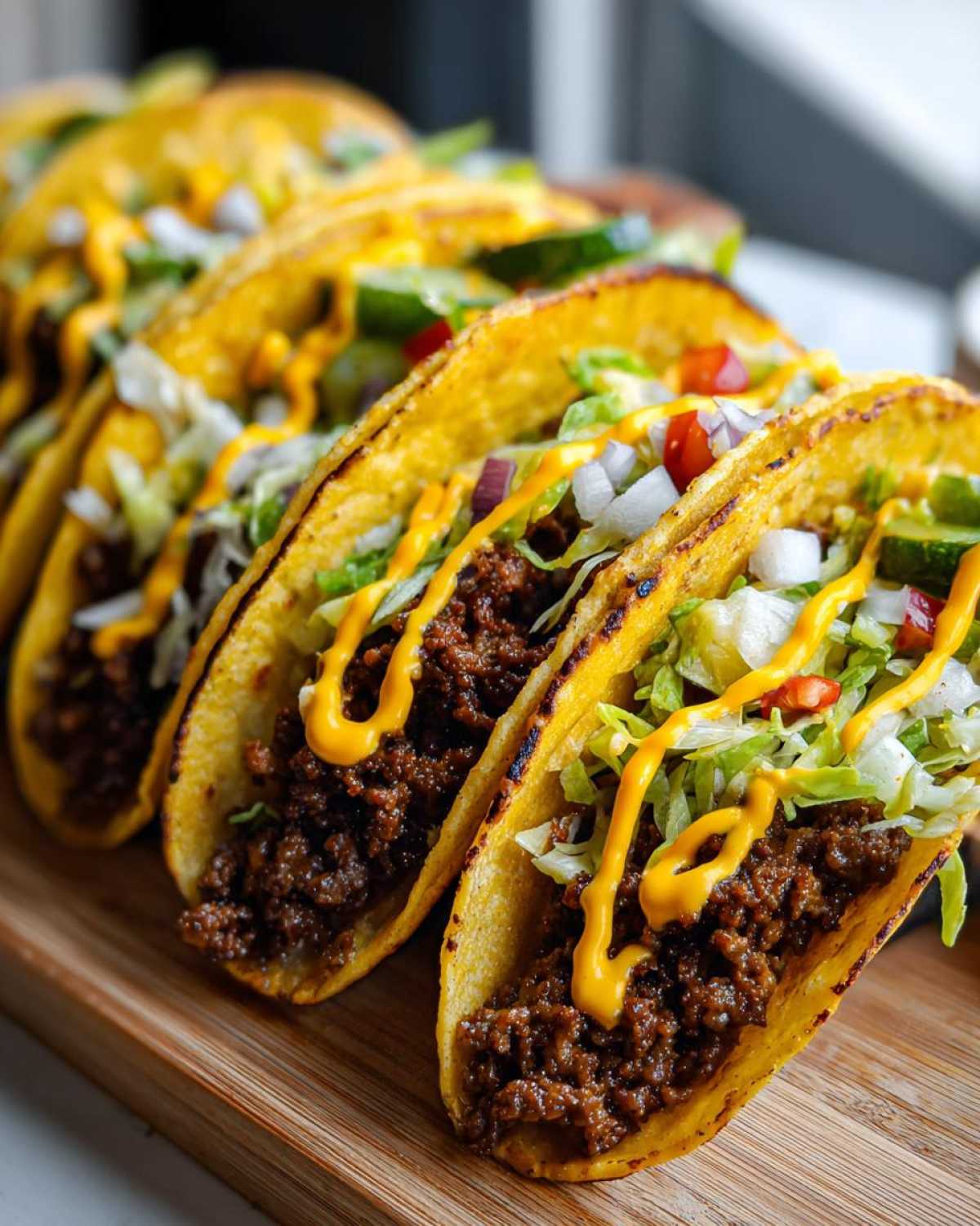 Close-up view of several Big Mac tacos lined up on a wooden cutting board, topped with sauce, lettuce, and onions.