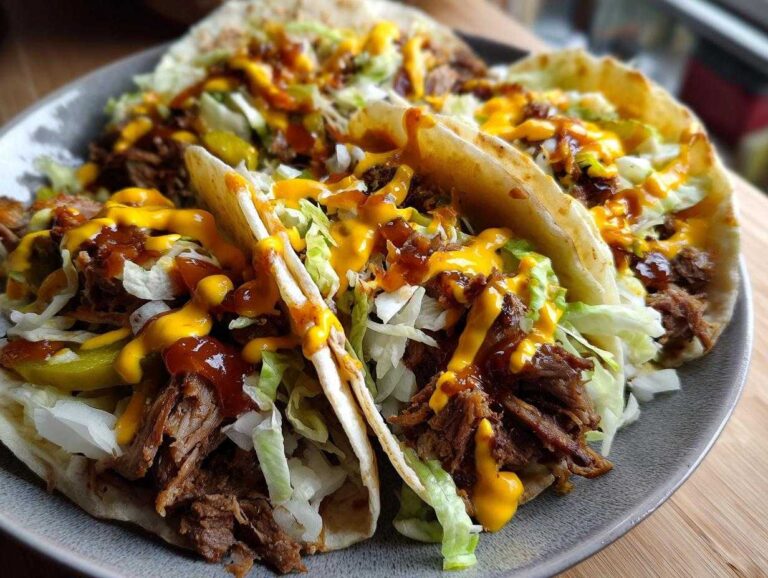Close-up of a plate filled with three Big Mac tacos, topped with shredded lettuce, meat, sauce, and pickles.