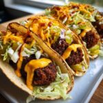 Close-up of several big mac tacos on a white platter, filled with seasoned meat, lettuce, cheese, pickles, and sauce.