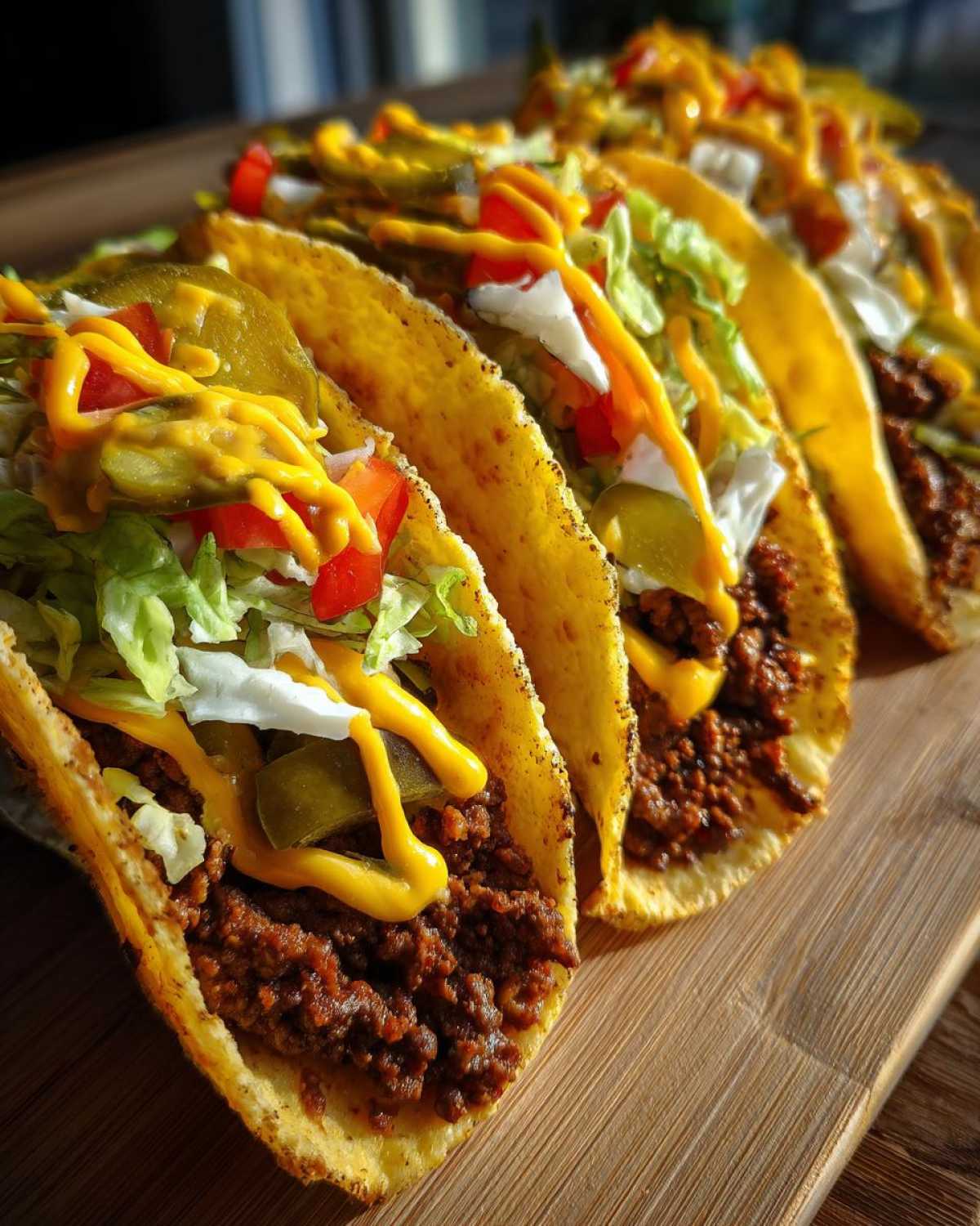 Close-up of a row of Big Mac tacos filled with ground beef, lettuce, cheese, pickles, and special sauce.