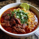 Close-up of a vibrant bowl of birria ramen, featuring rich red broth, tender shredded beef, ramen noodles, fresh cilantro, diced onions, and a lime wedge.