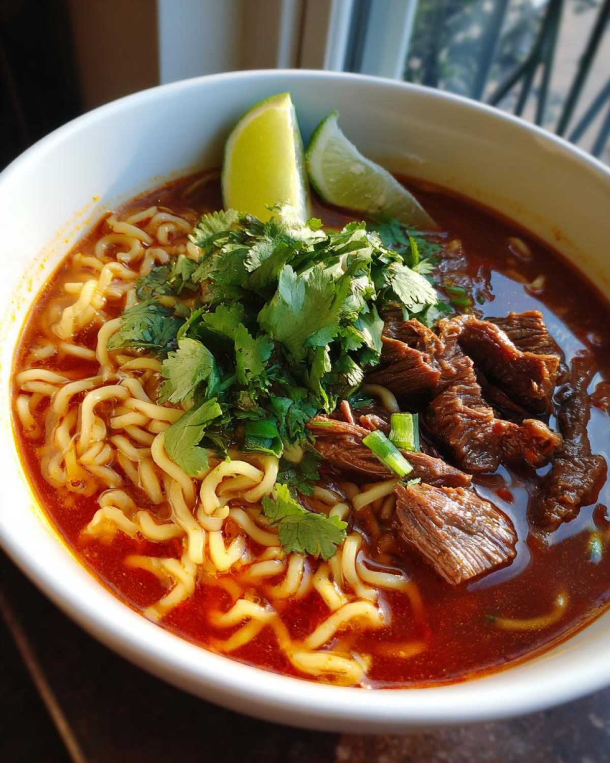 Close-up of a bowl of birria ramen with noodles, shredded beef, cilantro, and lime wedges.