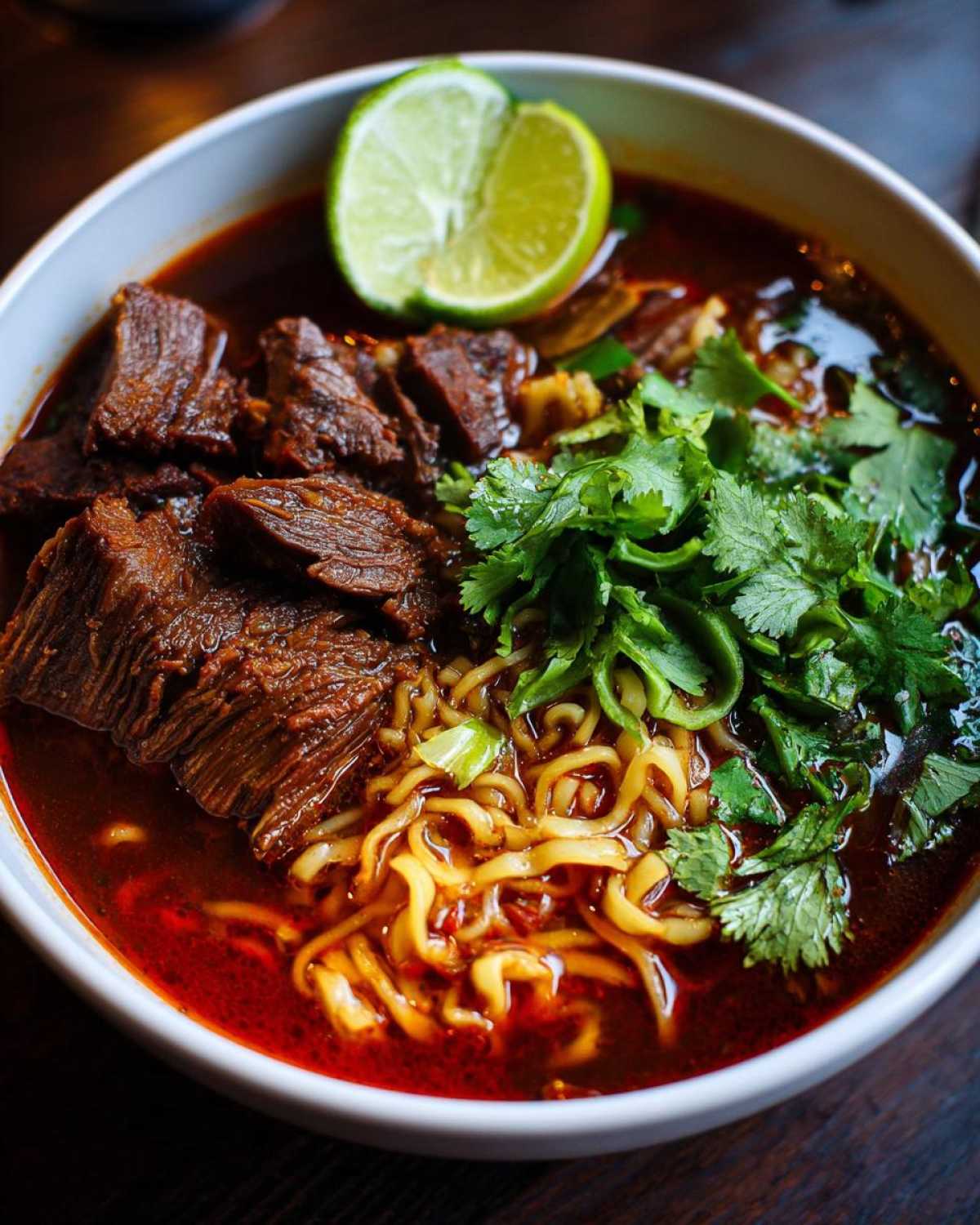 Close-up of a bowl of birria ramen with beef, noodles, cilantro, green onions, and a lime wedge.