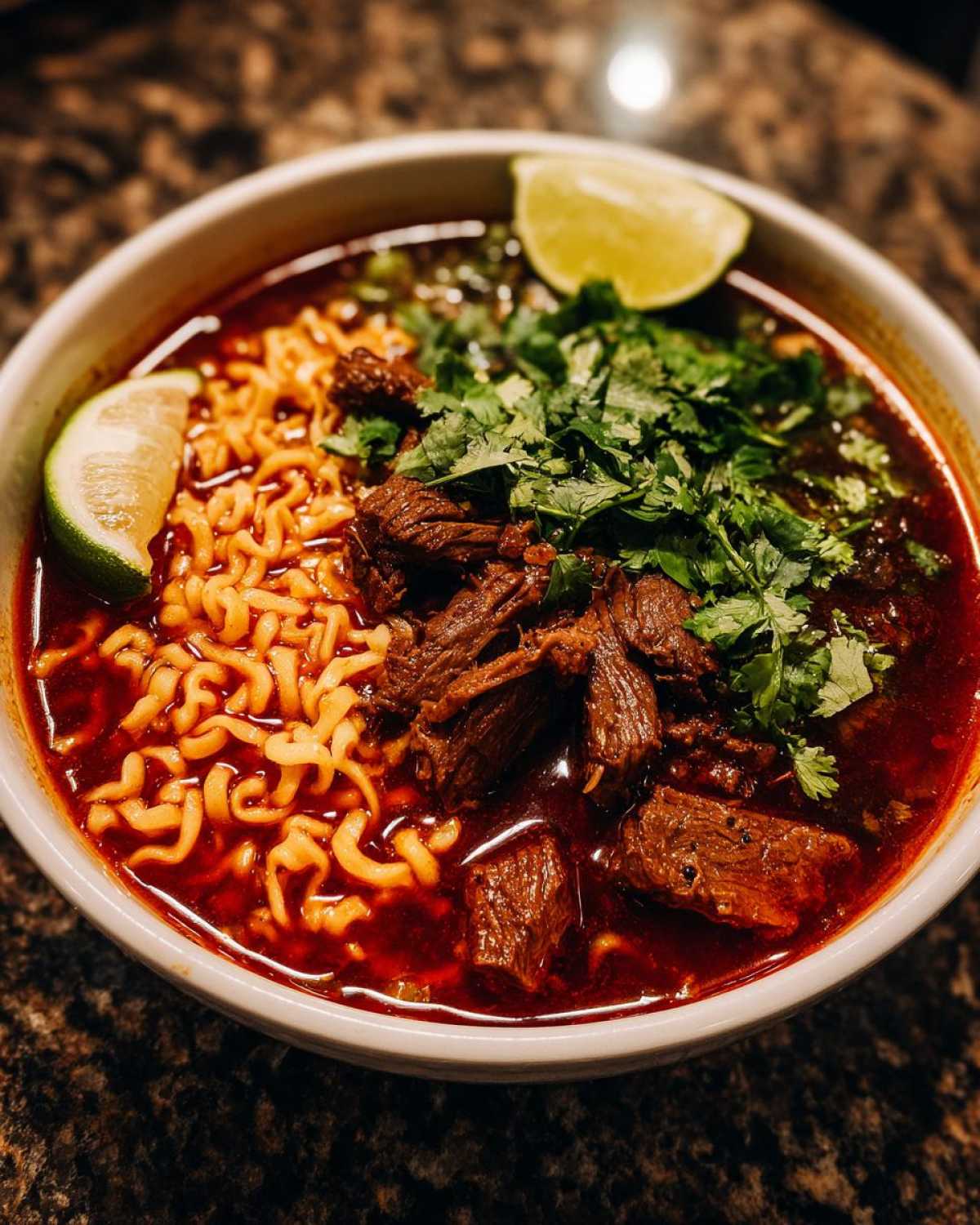 A close-up shot of a bowl of birria ramen with rich red broth, noodles, tender beef, fresh cilantro, and lime wedges.
