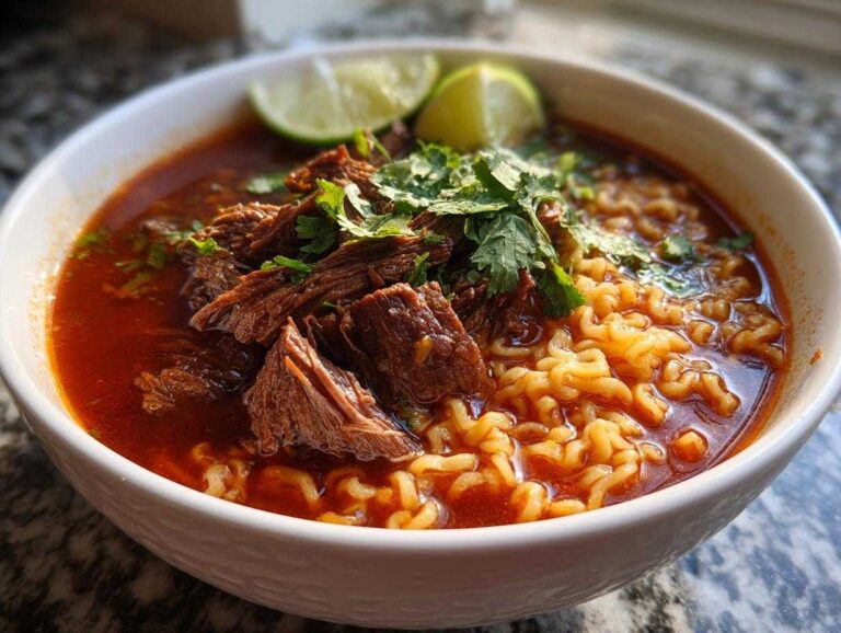 A close-up shot of a white bowl filled with birria ramen, featuring tender shredded beef, wavy noodles, and a rich red broth, garnished with fresh cilantro and lime wedges.